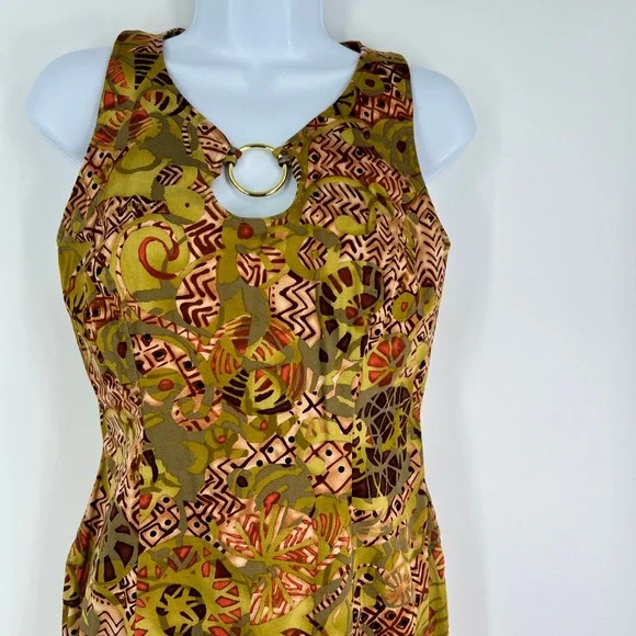 Vintage Abstract Tribal Print Sheath Dress Size 4 Olive Brown Ring Neck Boho - Picture 11 of 12